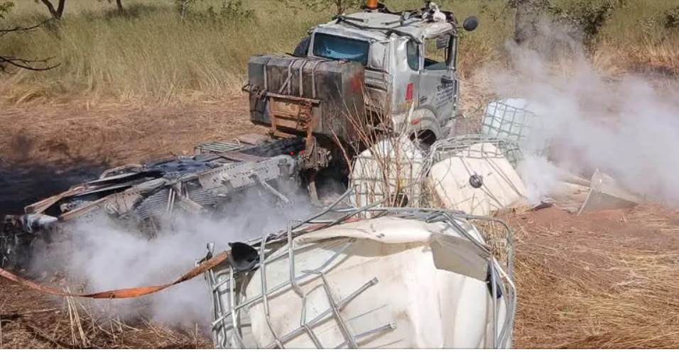 Driver suffers severe chemical burns after hydrogen peroxide truck catches fire at Goriyiri