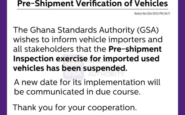 GSA suspends pre shipment inspection of imported used vehicles