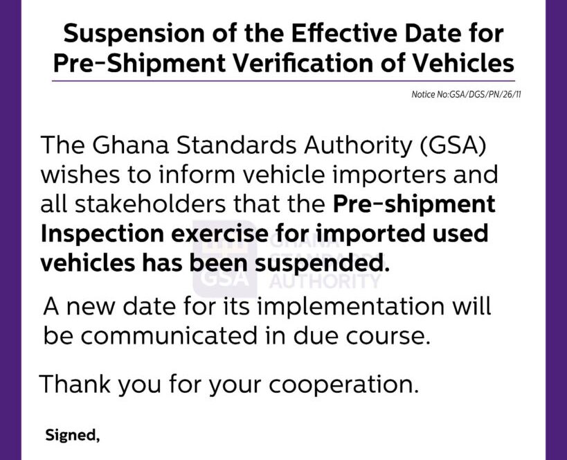 GSA suspends pre shipment inspection of imported used vehicles