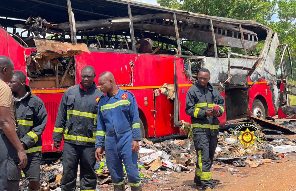 Yutong bus extensively damaged by fire at Gbogdaa